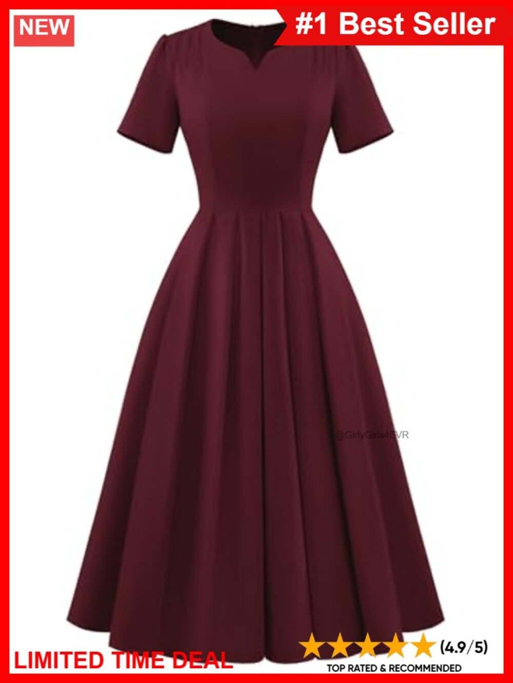 1950s Vintage A-Line Tea Length Dress V-Neck Ruched Shoulder Pockets